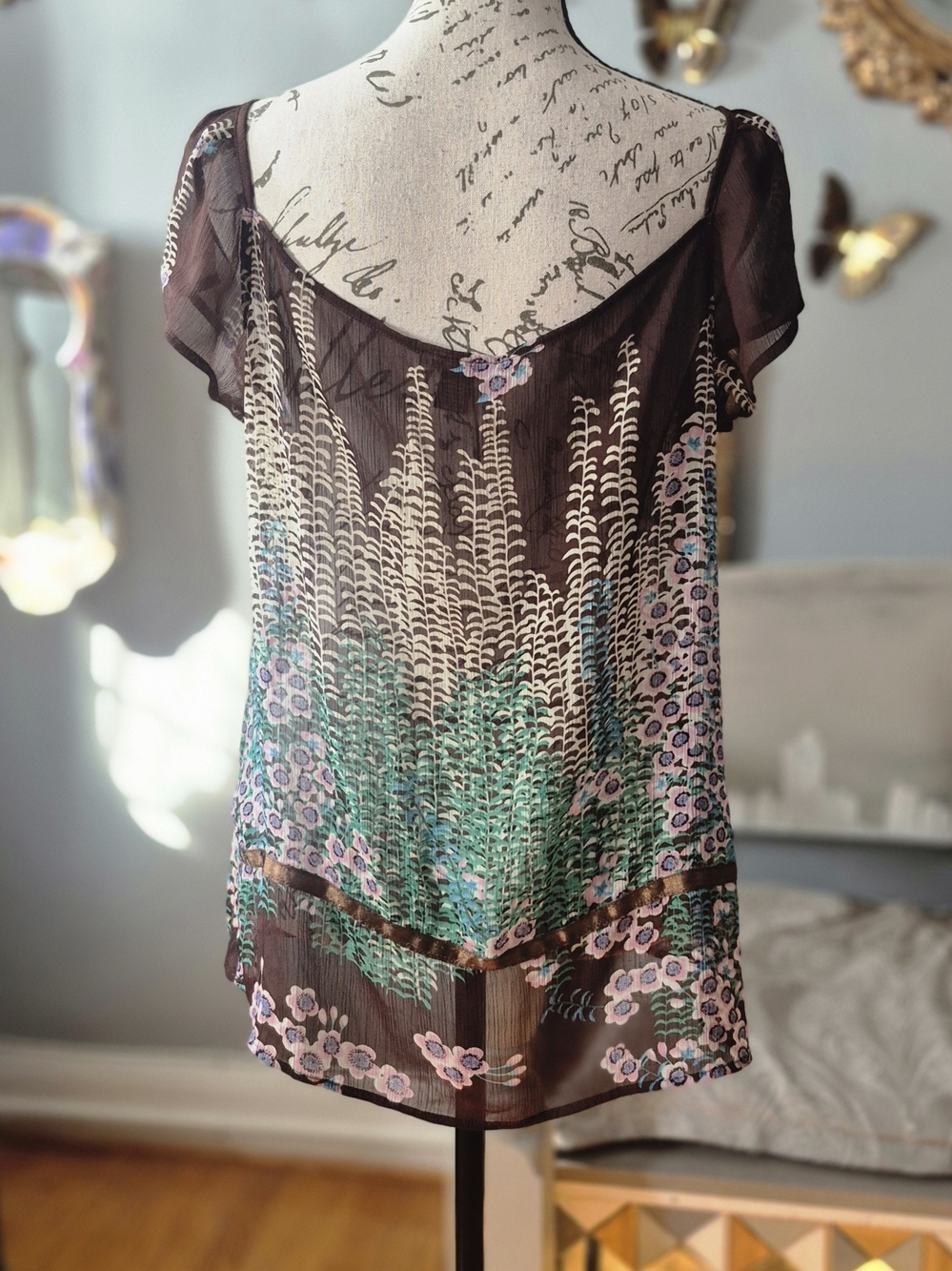 Boho Floral Sheer Square-Neck Women’s Top in Brown and Teal - Picture 4 of 7
